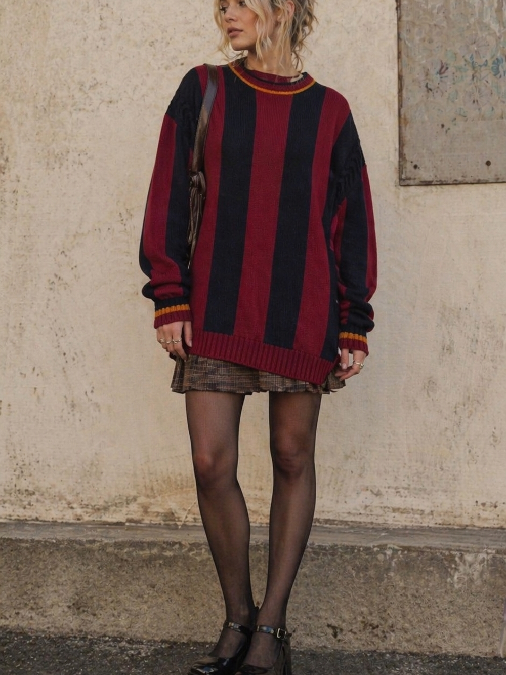 London Fog Vintage Oversized Striped Knit Sweater Retro Electric Grandpa Winter